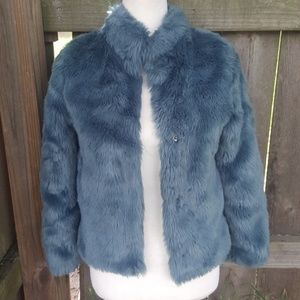 Mango Kids Faux Fur Blue Green Coat 11/12 Years